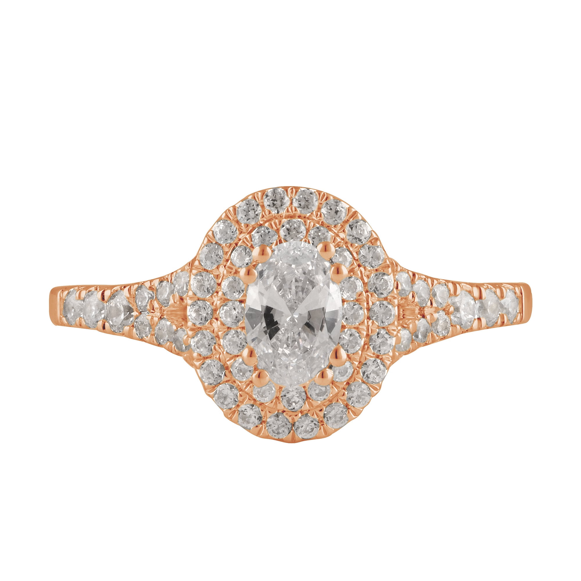 Arista 1 ct Oval Swarovski Diamonds Double Halo Engagement Ring in Pink Plated Sterling Silver