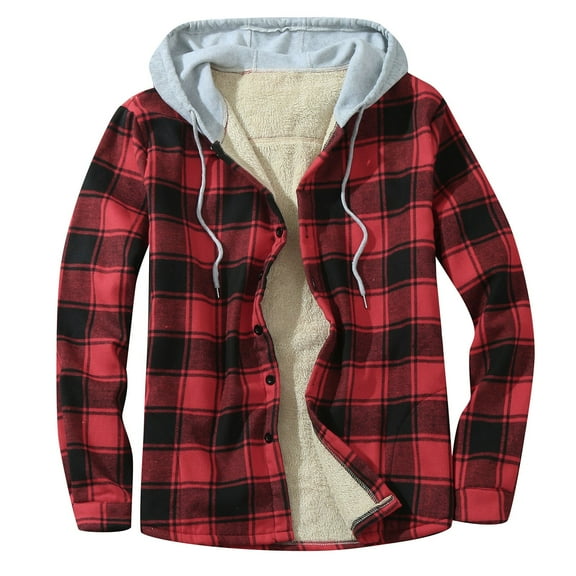 2DXuixsh Work Jackets for Men Insulated Mens Autumn and Winter Fashion Plaid Single Sided Velvet Pocket Hooded Buckle Composite Coat Jacket Thick Coat Flannel Hoodies Men L