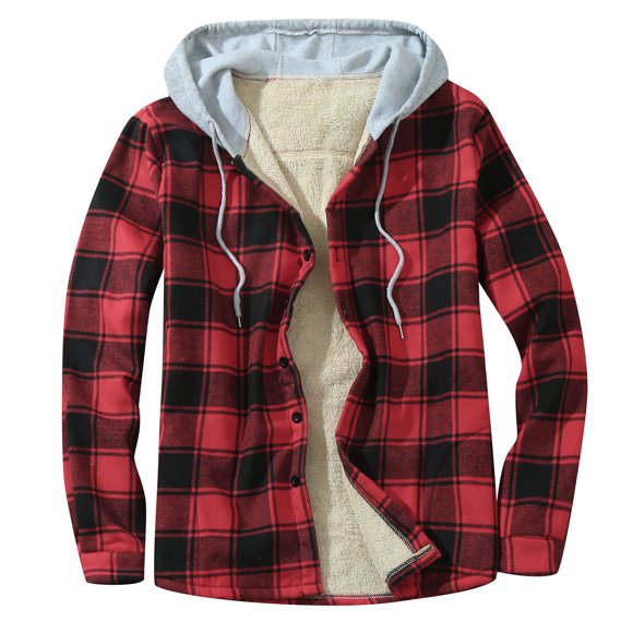 Wyzesi Vestes pour Hommes Hiver Hommes Automne et Hiver Mode Carreaux Velours Simple Face Poche à Capuche Boucle Manteau Composite Veste Manteau Épais Cardigan de Noël pour Hommes