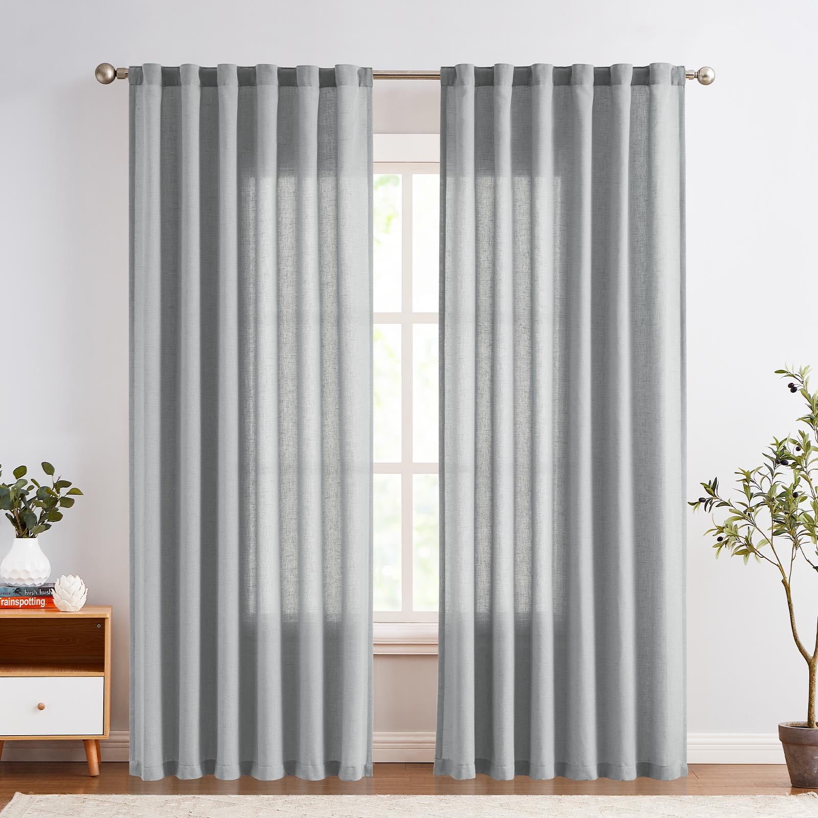 Curtainking Linen Farmhouse Curtains Back Tab Curtains and Drapes for Living Room Bedroom 96 inches Rod Pocket Grey Light Filtering Curtains Pack of 2