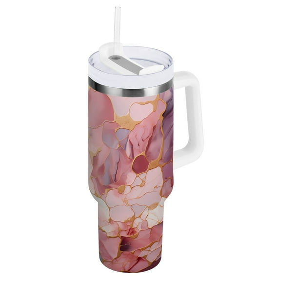 Marble Pink Tumbler with Handle and Straw Insulated Travel Mug Reusable Stainless Steel Water Bottle 40 oz
