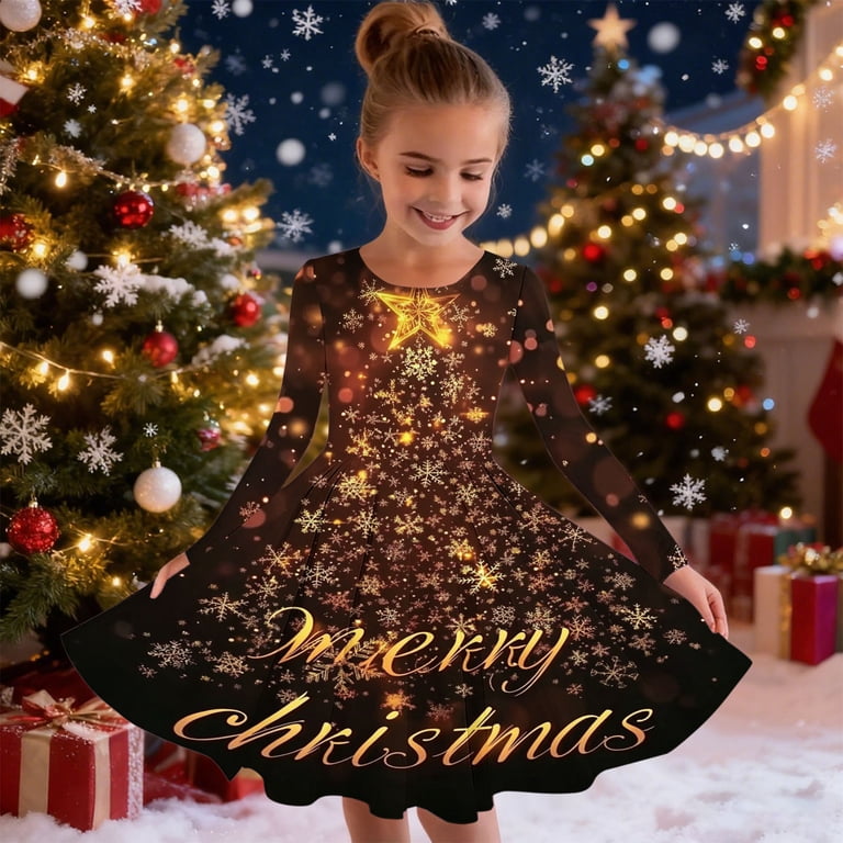 christmas recital dress SuTry Girls Printed Long Sleeve Twirly Skater School Long Sleeve Round Neck Dress for Kids 4-15 Years(Multicolor,12-13 Years) Cinderella Pageant interview Dress