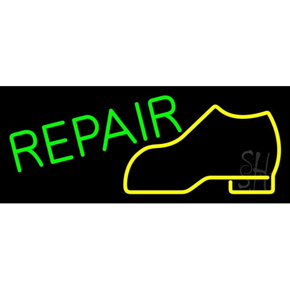 Yellow Boot Green Repair LED Neon Sign 13 x 32 - inches, Black Square Cut Acrylic Backing, with Dimmer - Bright and Premium built indoor LED Neon Sign for store interior Décor, Storefront.
