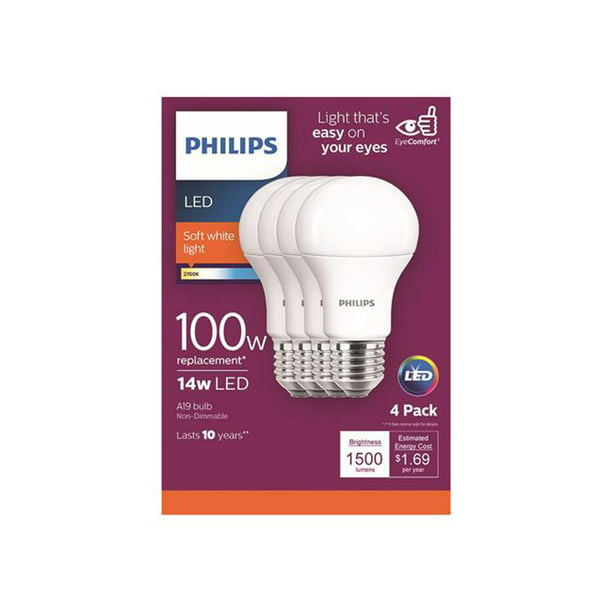 Uithoudingsvermogen informeel taxi Philips 14 watts & 1500 Lumen A19 A-Line LED Bulb - Soft White&#44; Pack of  4 - Walmart.com