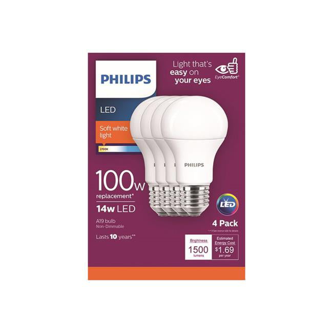 orientering temperament hyppigt Philips 14 watts & 1500 Lumen A19 A-Line LED Bulb - Soft White&#44; Pack of  4 - Walmart.com