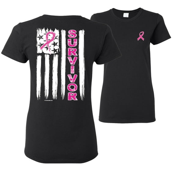 Wild Bobby, Survivor Awareness Flag, Breast Cancer Awareness, Front and Back Women Graphic Tee, Black, Small