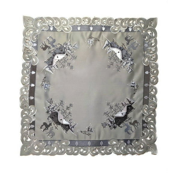 Doily Boutique Tablecloth or Table Topper Square Embroidered with Christmas Gray and Silver Reindeers on Fabric Size 34 x 34 inches