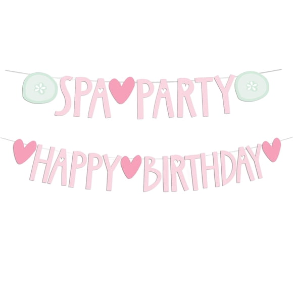 Modern Whimsy Spa Party Banner & Pink Happy Birthday Banner Set | Pre-Strung Happy Birthday Sign and Spa Party Decorations | Perfect for Sleepovers Slumber or Makeup Parties