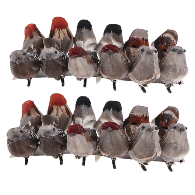 24 Piezas de Pájaros de Gorrión con Plumas Artificiales con Clips de Adorno de árbol de Jardín Macarena Pájaros Emplumados Artificiales