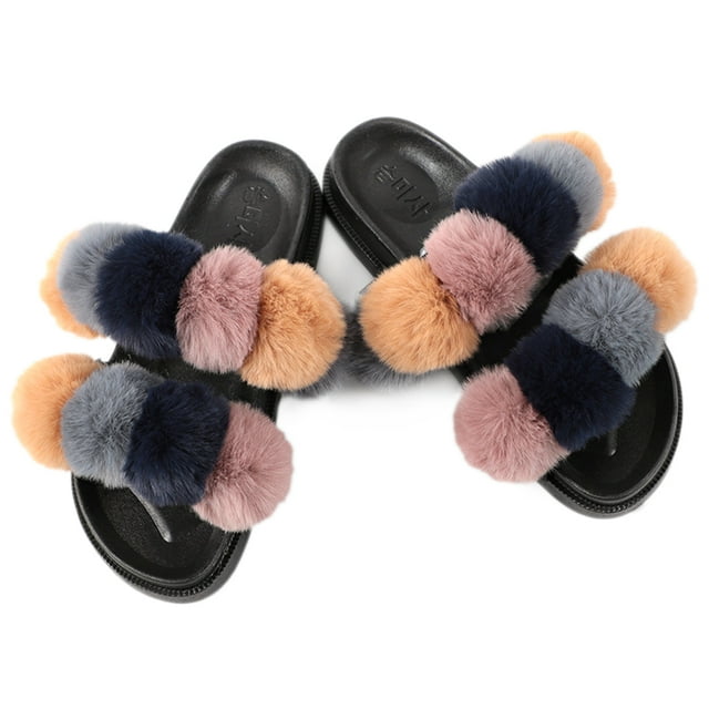Women Furry Slippers Fashion Pom Pom Ball Faux Fur Slippers Fluffy Sandals