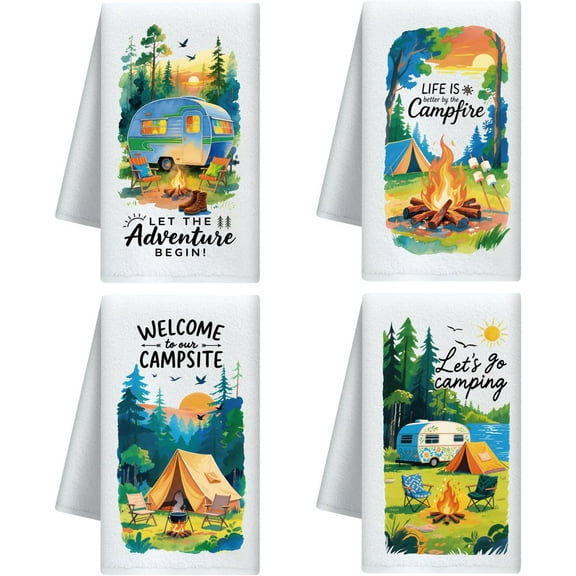 Camping Element Decorative Kitchen Towels Set of 4 Soft Absorbent Microfiber Dish Towel for Kitchen Tea Coffee Bar Home Best Gift for Housewarming Christmas Thanksgiving Birthday