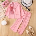 thumbnail image 2 of mgoYE Girl's Formal Wear 2 Piece Outfits Button Ruffle Hem Puff Sleeve Blazer and Flare Pants Suit Set(Pink,5-6 Years), 2 of 9