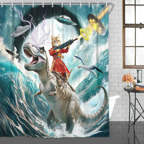 Funny Shower Curtain Cute Cat Dinosaur UFO Seagull in Ocean Wave Bathroom Shower Curtain Set Cool Ocean Sea Wave Fighting Hilarious Fabric Shower Curtain with Hooks, 72X72in