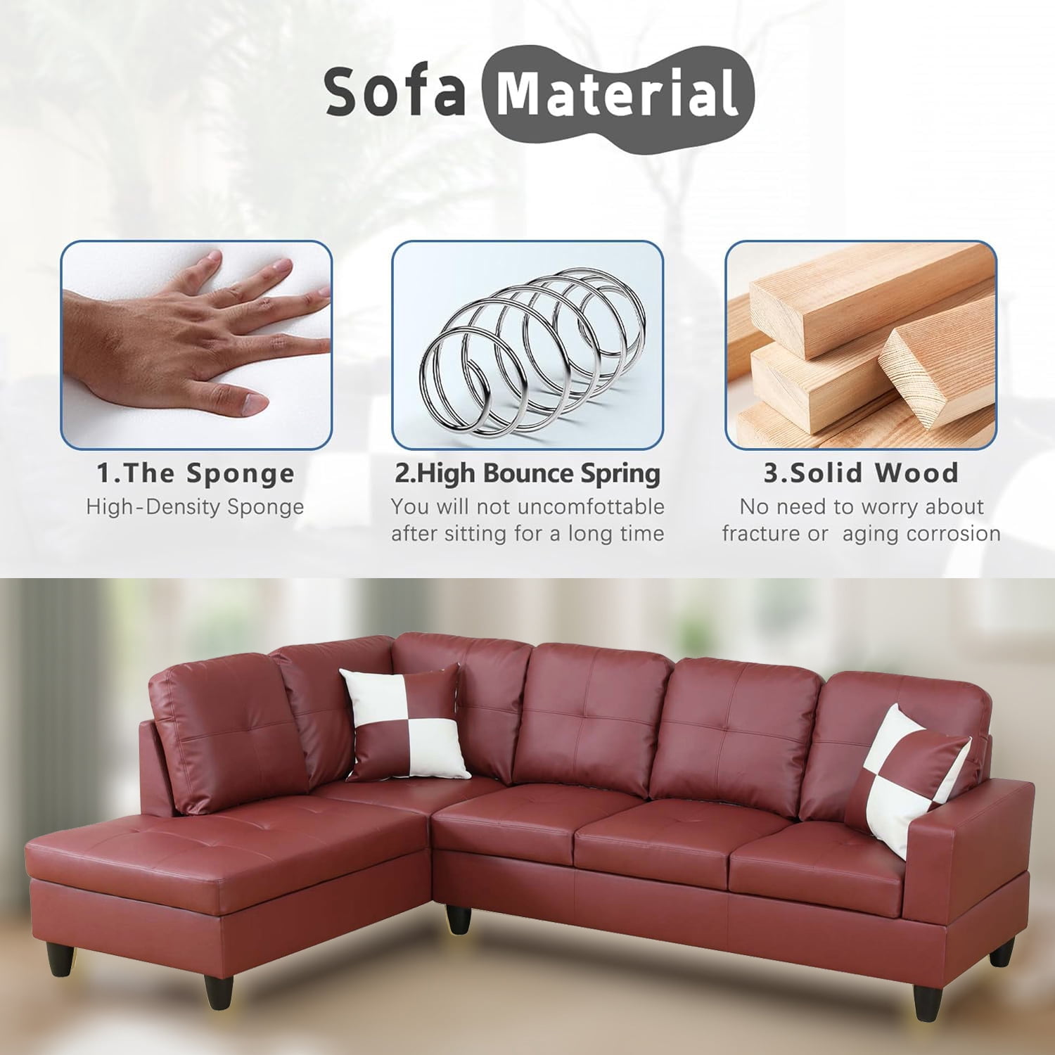 Sectional Couch for Living Room Furniture Sets, Faux Leather L Shape Living Room Sofa with Chaise 2 Piece Using for Apartment, Office, Bedrooms, Red (Facing Left Chaise)