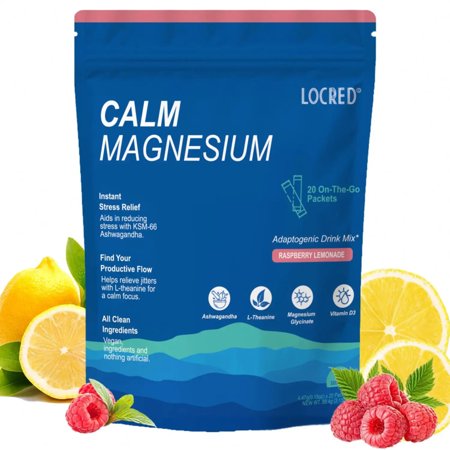 LOCRED Calm Magnesium Powdered Drink Mix with L Theanine, Ashwagandha, Magnesium Glycinate, Vitamin D,Supplements for Sleep & Anxiety Relief, 20 Packets Each, Pack 1