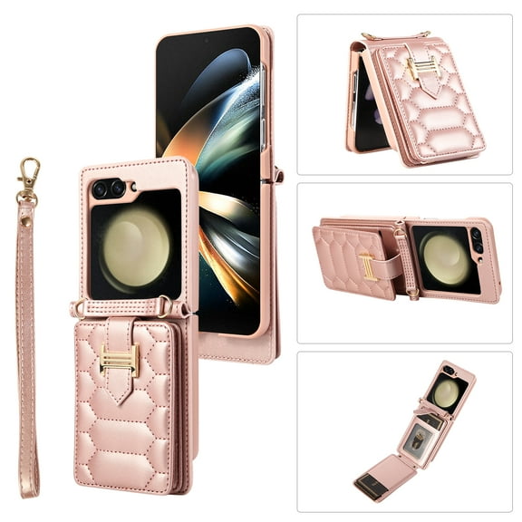 ELEHOLD for Samsung Galaxy Z Flip 5 Case, Z Flip5 Crossbody Wallet Case with Card Holder Soft PU Leather Shockproof Protective Cover with Strap for Samsung Galaxy Z Flip 5 for Girls Women,Rosegold