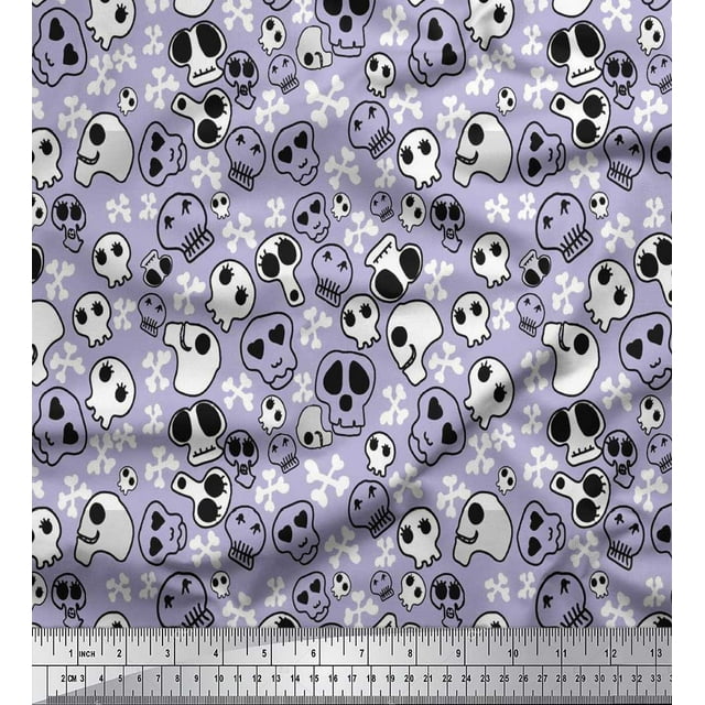 Soimoi Silk Fabric Crossbone & Skull Halloween Decor Fabric Printed Yard 42 Inch Wide
