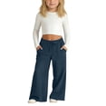 thumbnail image 2 of Mercatoo Girls' Twill Pull on Denim Pants Elastic Waist Wide Leg Jeans for Girls Stretchy Baggy 𝐏alazzo Straight Leg Chambray Pants, 2 of 9