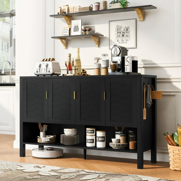 Euroco 55" Sideboard Buffet Cabinet with Storage, Modern Large Credenza with Open Shelf,2-Tiers Adjustable Shelves and Double Hooks,Kitchen Coffee Bar Console Table for Living Room, Hallway,Black