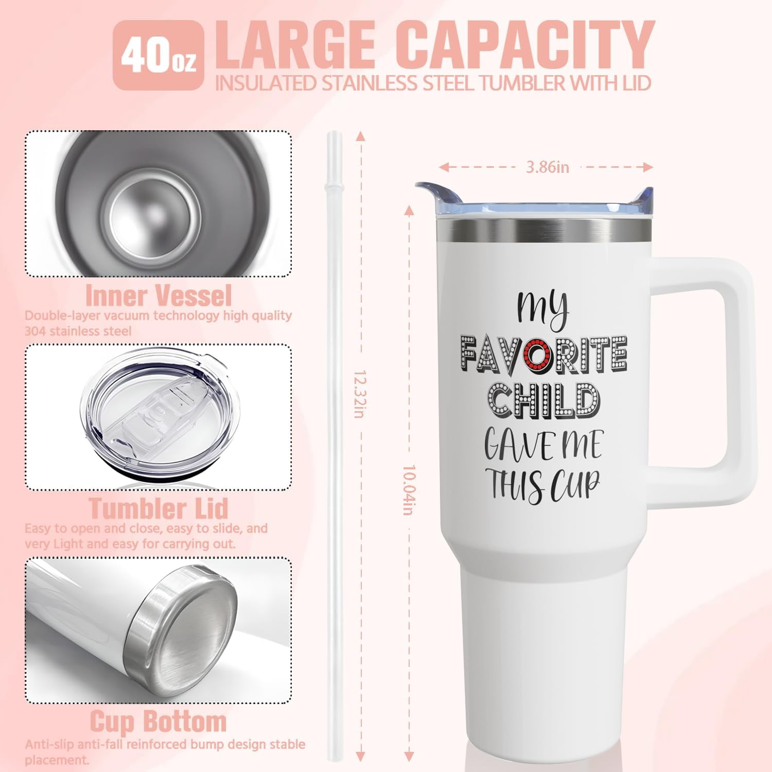 Mothers Day Gifts for Mom - 40 oz Tumbler with Handle and Straw, Vacuum Insulated Water Bottle Stainless Steel, Leak Proof Travel Mug Funny Mama Cup for Women Birthday Christmas Gift from Daughter Son