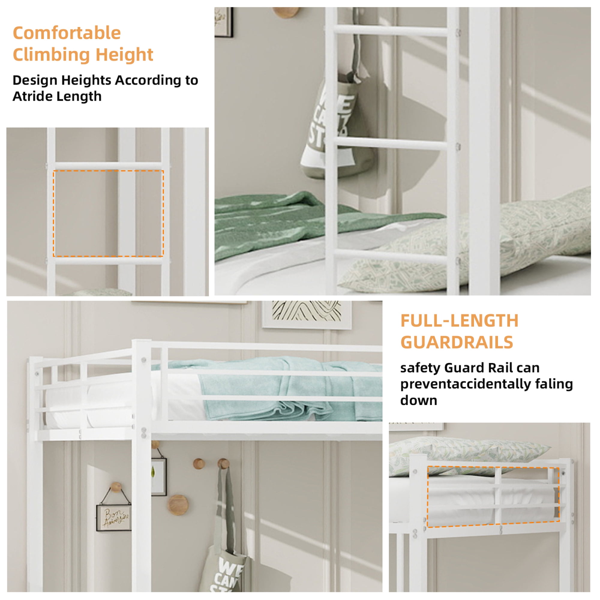 Full over Full Size Bunk Bed with Trundle, Heavy-Duty Metal Bunk Bedframe with Ladder and Full-Length Guardrails for Kids Teens Adults, No Box Spring Needed