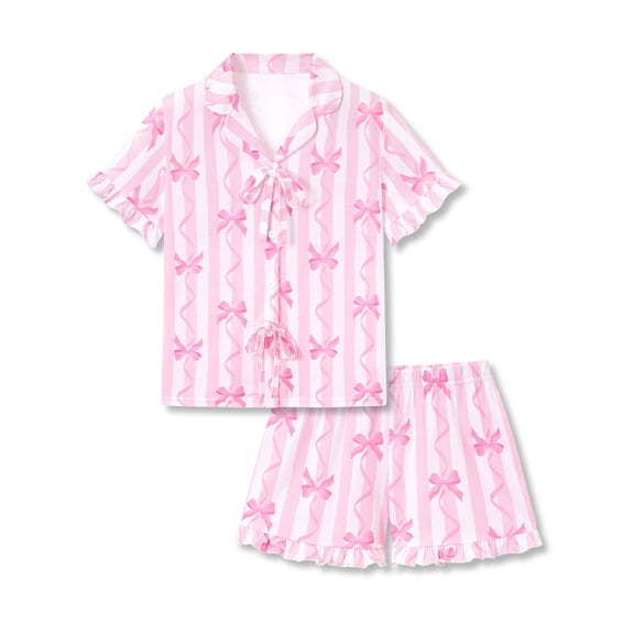 Beezizac Girls' Short Sleeve Pajama Set All-Over Pink Striped Bow Print Bow Tie Ruffled Trim Soft Kids Sleepwear Size 10