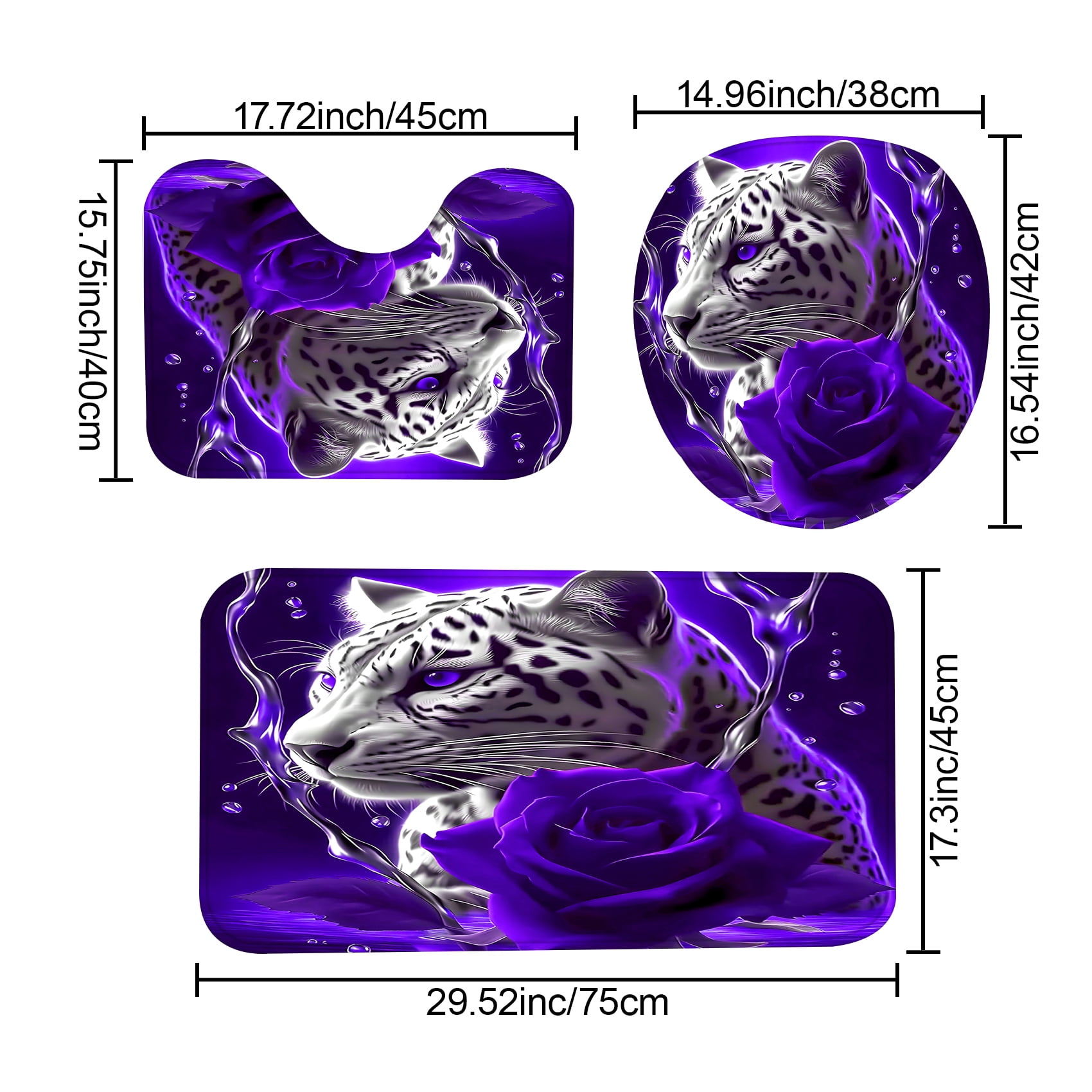 4PCS Purple Rose and Leopard Shower Curtain Bathroom Set with Non-Slip Rugs, Toilet Lid Cover and Bath Mat, Purple Bathroom Decor Set Accessories Shower Curtains with 12 Hooks, 72 x 72 Inch