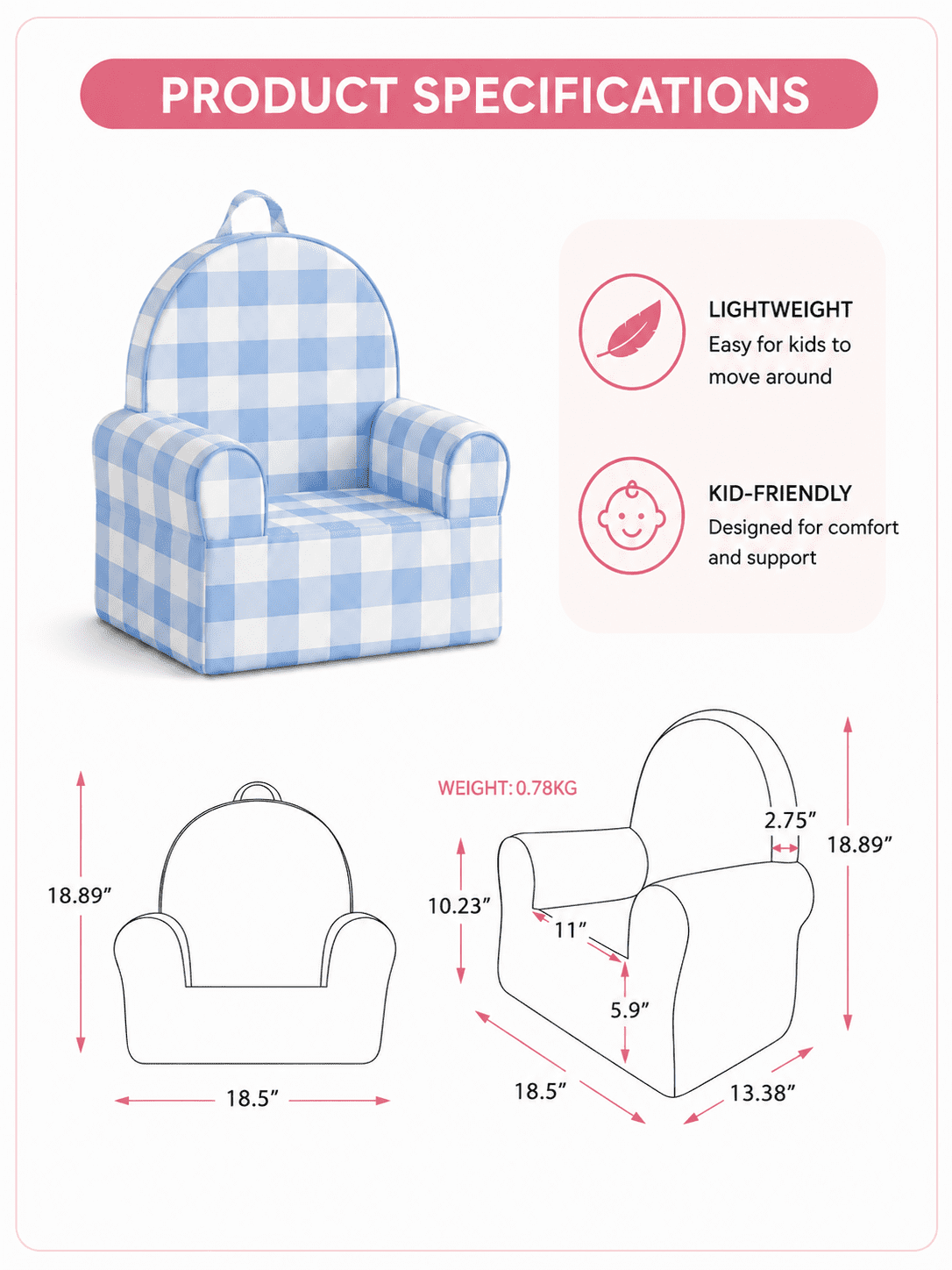 Little Next Toddler Blue Gingham Foam Chair