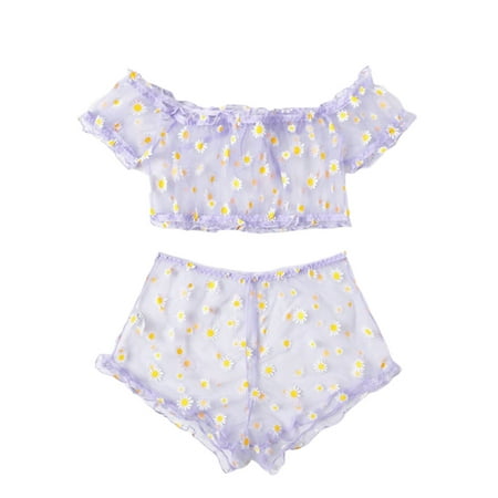 

Bowanadacles Women Daisy Lingerie Set Sheer Tops and Panties Underwear