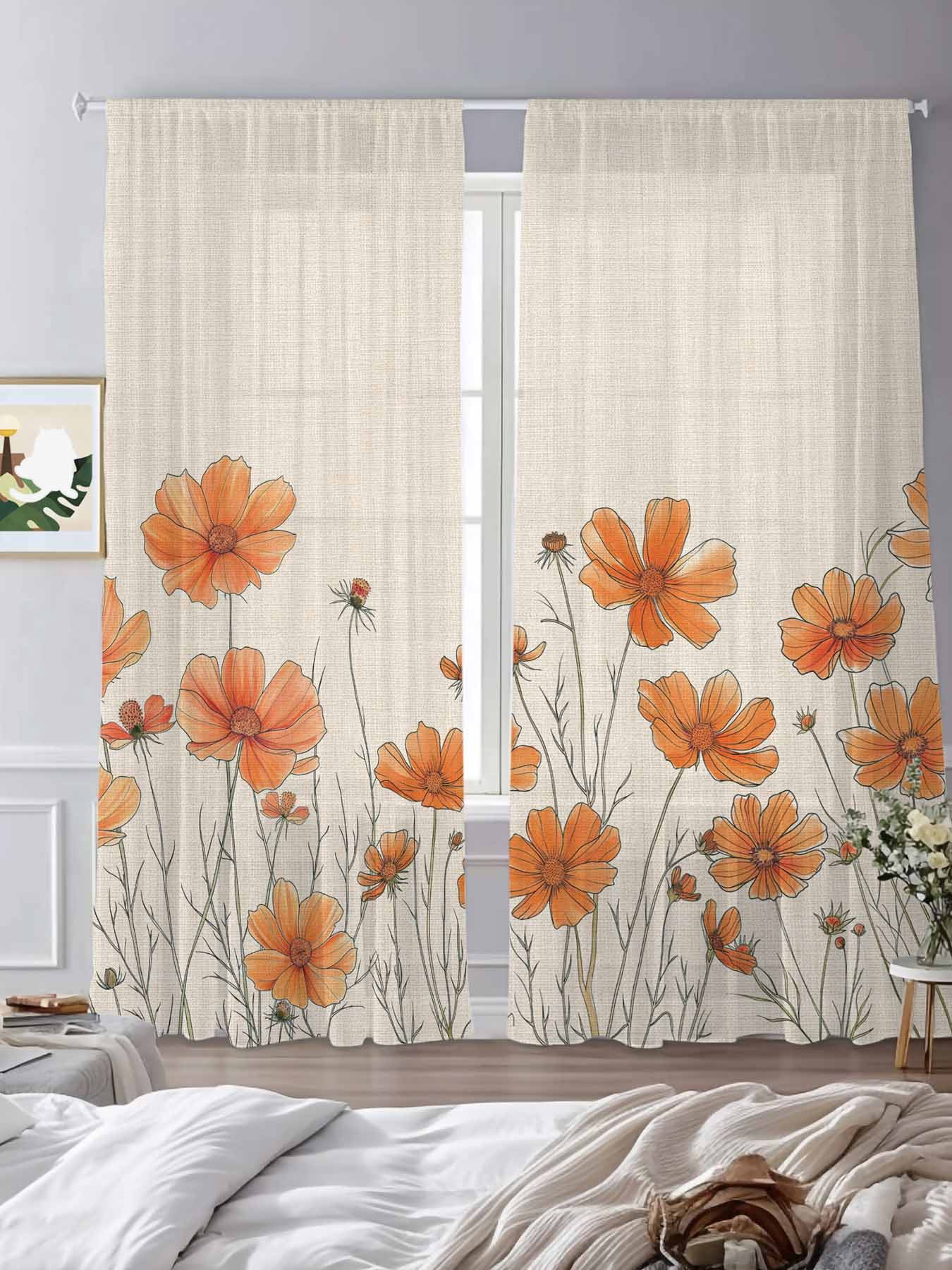 Orange Floral Sheer Curtains 84 inches Long 2 Panels Set Minimalism Watercolor Chrysanthemum Linen Tiers Sheers Rod Pocket Small Window Short Curtains for Kitchen Cafe, Each 52" W x 84" L