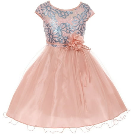 Wedding Dress Cap - Little Girls Elegant Cap Sleeve Sequin Pageant Easter Wedding Flower Girl Dress Blush 4 (2J1K1S6)
