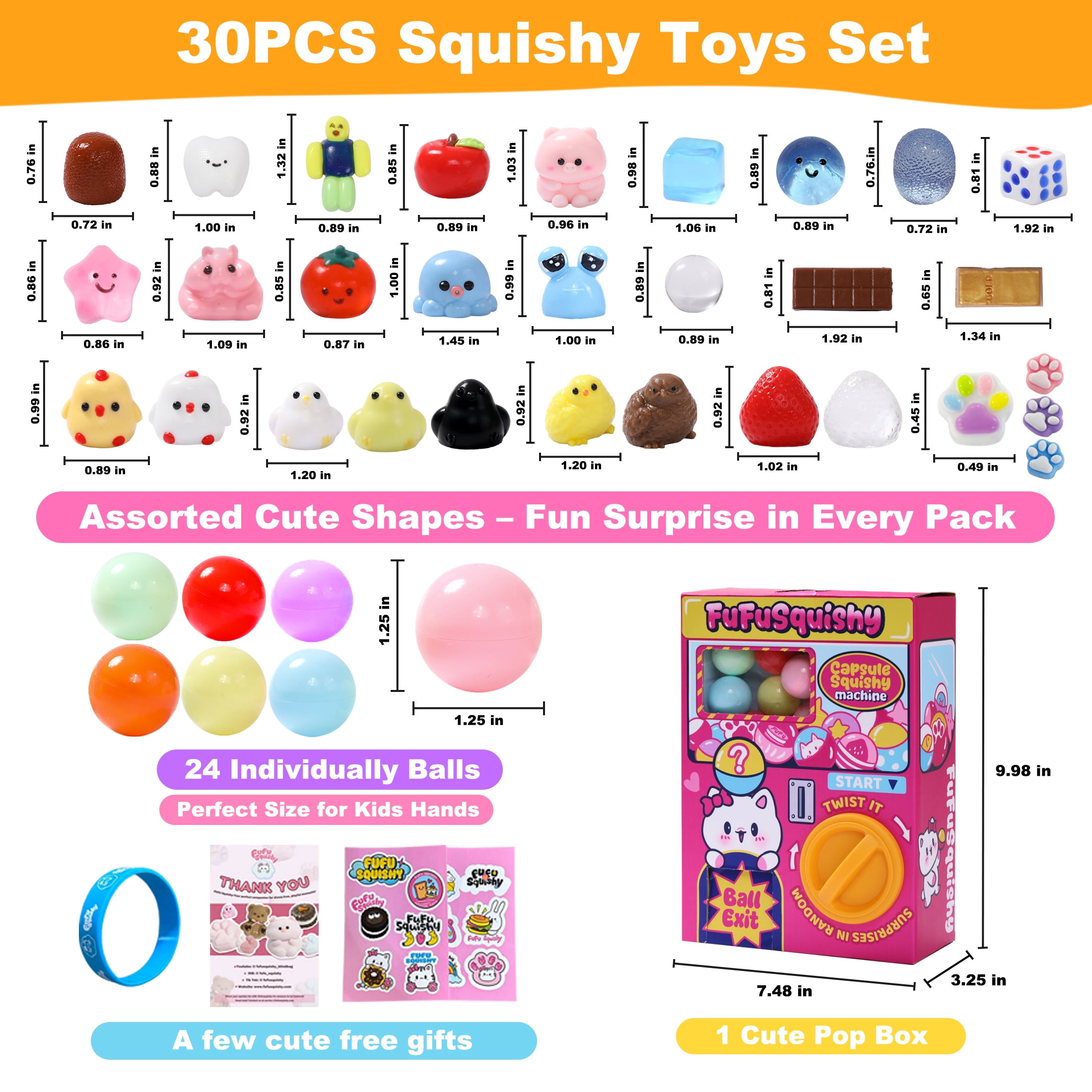 FUFU SQUISHY Taba Squishy Capsule Machine Toy, 30PCS Squishy Set for Kids, Sensory Fidget Toys, Party Favors, Classroom Prizes