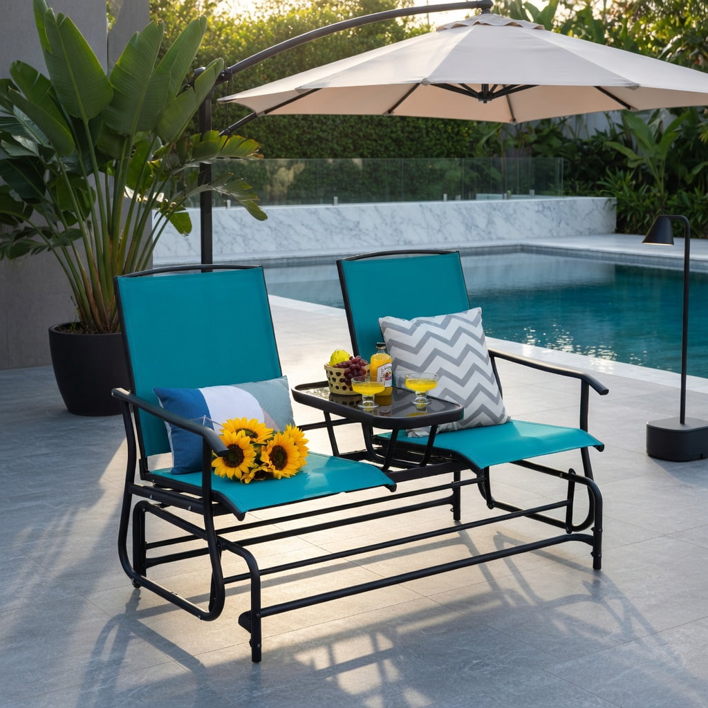 Hommoo 2-Person Outdoor Rocking Loveseat with Tempered Glass Center Table, Mesh Fabric, Steel Frame, Turquoise