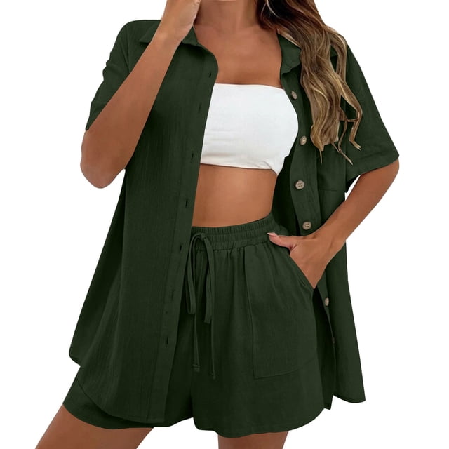 Yubnlvae Cardigan Décontracté Mode Gris Foncé Manches Courtes Shorts Ensemble 2 Pcs Femme Été, TTG