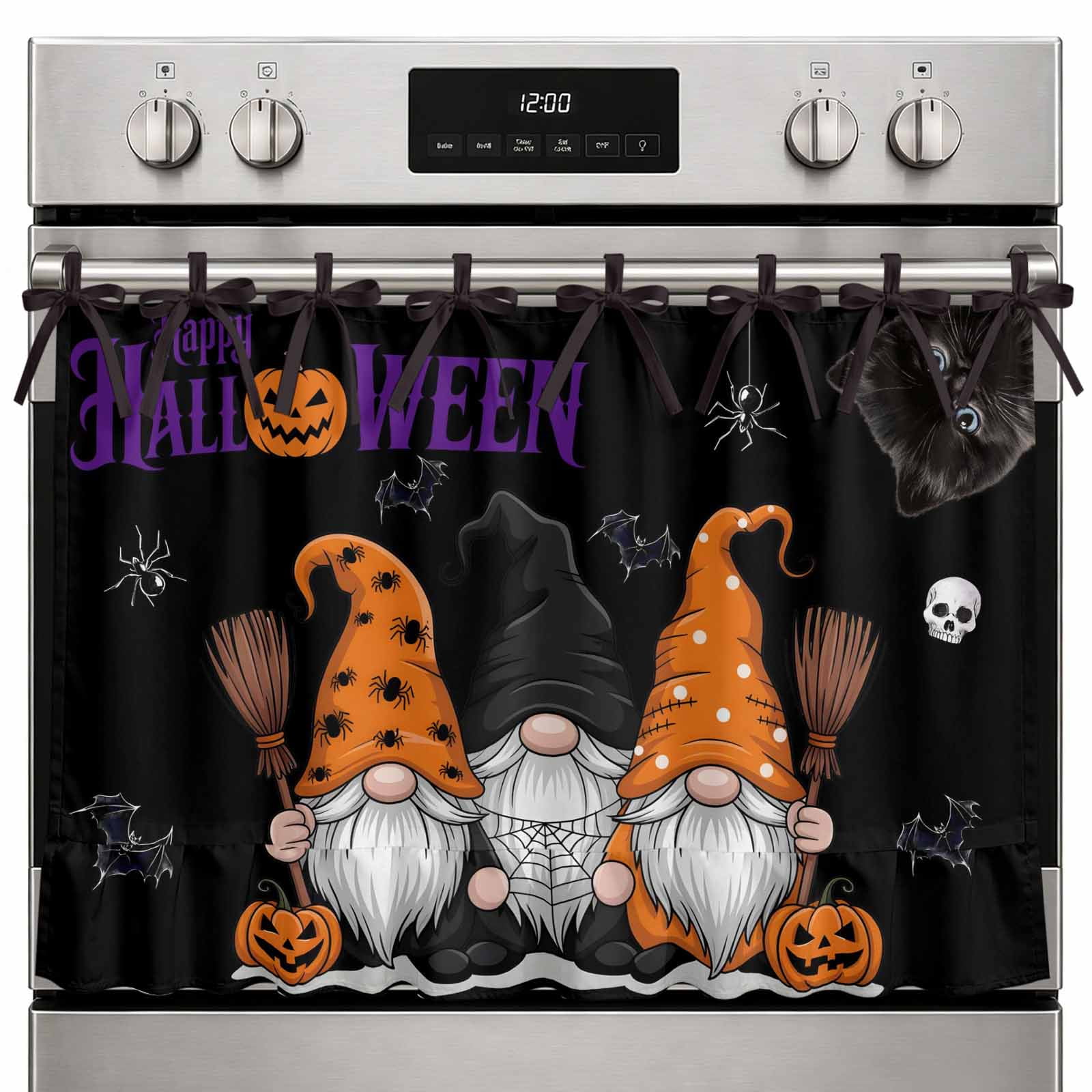 Farmhouse Oven Skirt Curtain Halloween Gnomes Oven Curtain Tie Top Black Bats Skulls Pumpkins Stove Skirt Curtains with Ties&Ruffle Trim Dishwasher Skirts Curtains Cover for Cabinet Kitchen 30 x21.5