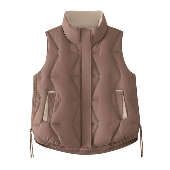Htigea Fall Sleeveless Jackets for Women Lightweight Quilted Vest Stand Collar Zip Up Waistcoats with Pockets Coffee M