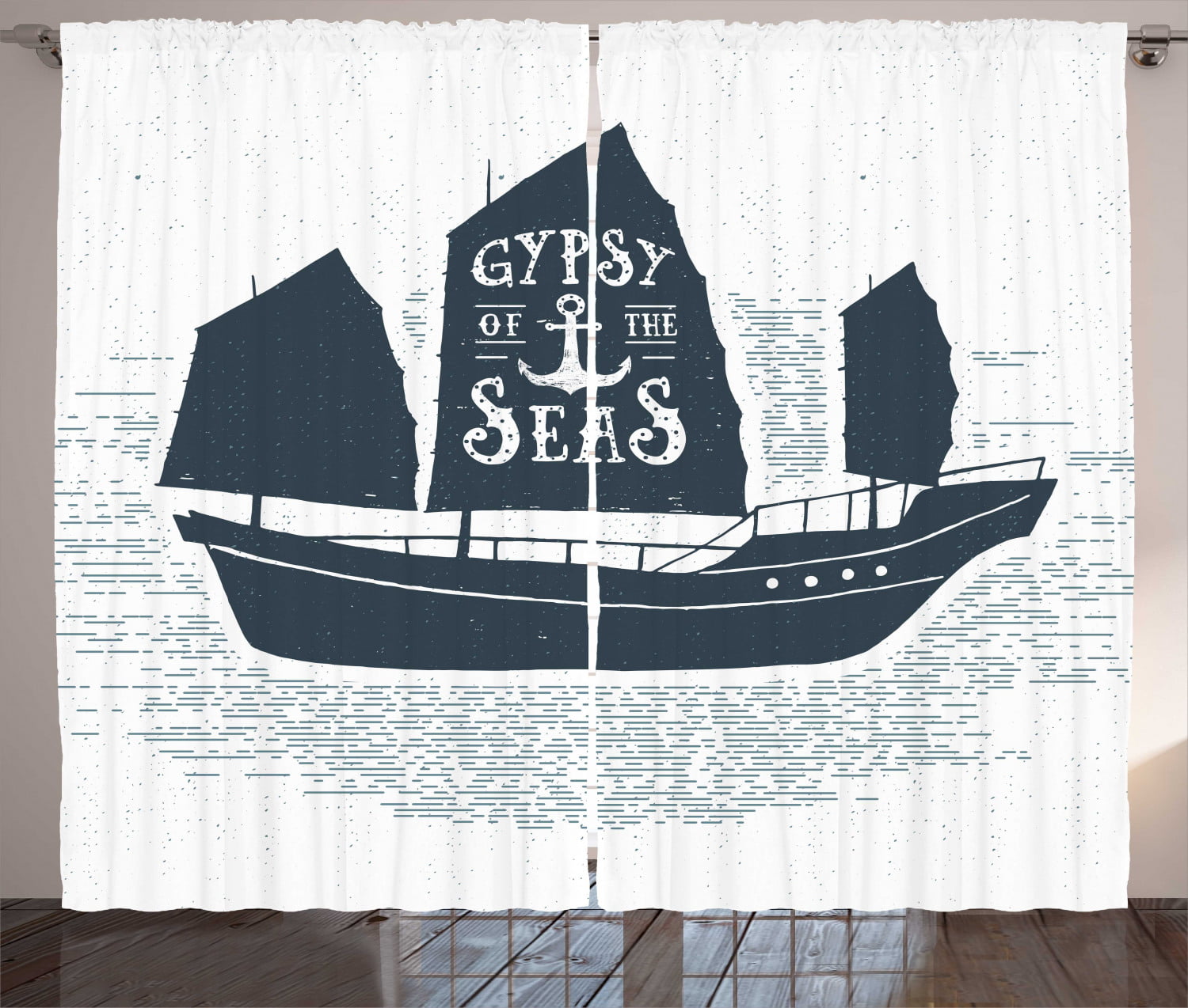 Vintage Boat Curtains 2 Panels Set, Gypsy of the Sea Pirate Ship Headed to  Treasure Island Vintage Style, Window Drapes for Living Room Bedroom, 108W  X 108L Inches, Dark Blue Grey White,