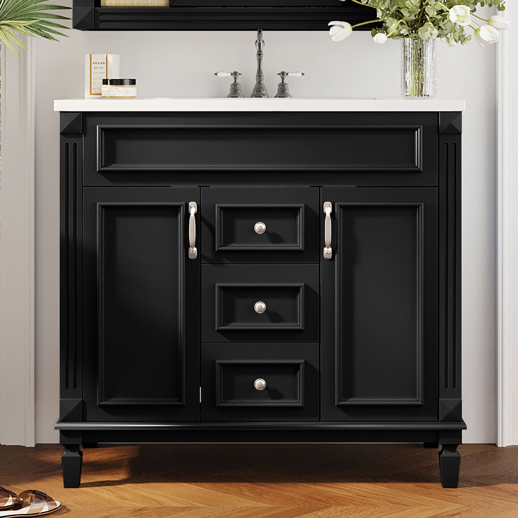 Euroco Modern Bathroom Vanity with Sink – 3-Hole Basin, Concealed Storage, Soft-Close Doors & Drawer – Freestanding Bathroom Cabinet with Water-Resistant Finish, Easy Assembly