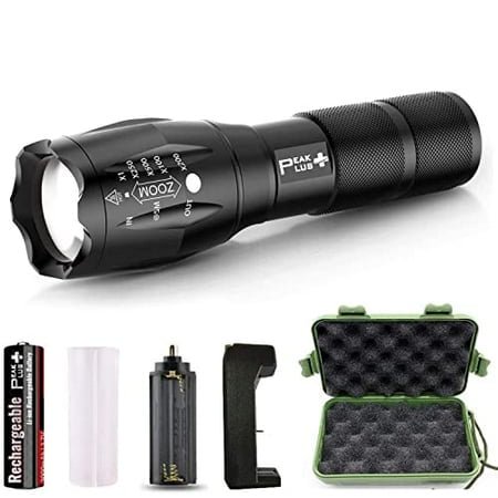 PeakPlus Rechargeable Tactical Flashlight LFX1000 (18650 Battery and Charger Included) - High Lumens LED, Super Bright, Zoomable, 5 Modes, Water Resistant - Best Camping, Emergency Flashligh