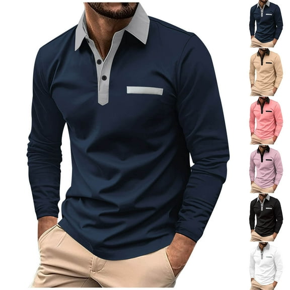 BinBiL Men's Long Sleeve golf Shirt Casual Dress Button golf T Shirt with Pocket Basic Lightweight Collared Golf Shirt White 8(XL)