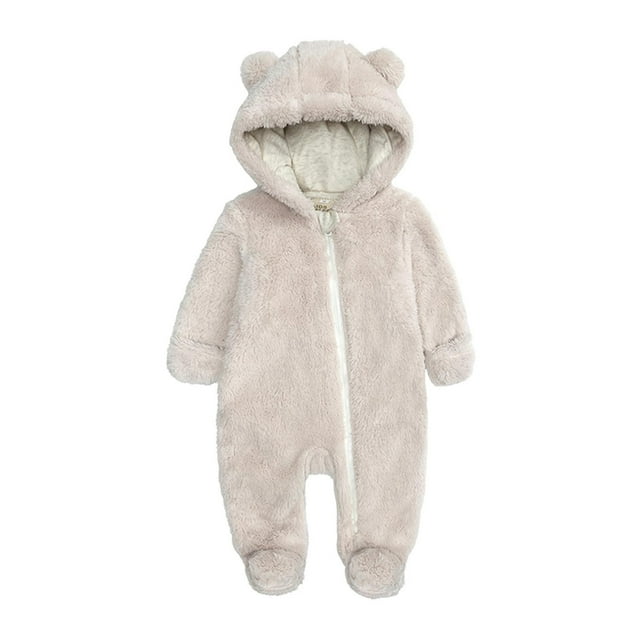 VINUSLI Winter Romper Baby Girl Full Zip Hooded Flannel Footed Jumpsuit Bear Ears Fuzzy Long Sleeve Cute Thermal Onesies Bodysuit Beige,6 Months