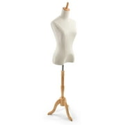 Displays2Go Floor Mounted Female Dress Torso, Floorstanding, Light Oak Base - Cream Linen (ZFDF6LIN)