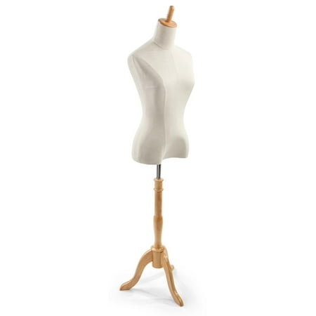 Displays2Go Floor Mounted Female Dress Torso, Floorstanding, Light Oak Base - Cream Linen (ZFDF6LIN)