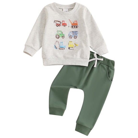 newwalpole Baby Toddler Boy Spring Outfit 3 6 12 18 24 Months 2T 3T Tractor Long Sleeve Sweatshirt Long Pants 2 Pcs Set Farm Clothes Gray for Size 3-4 Years