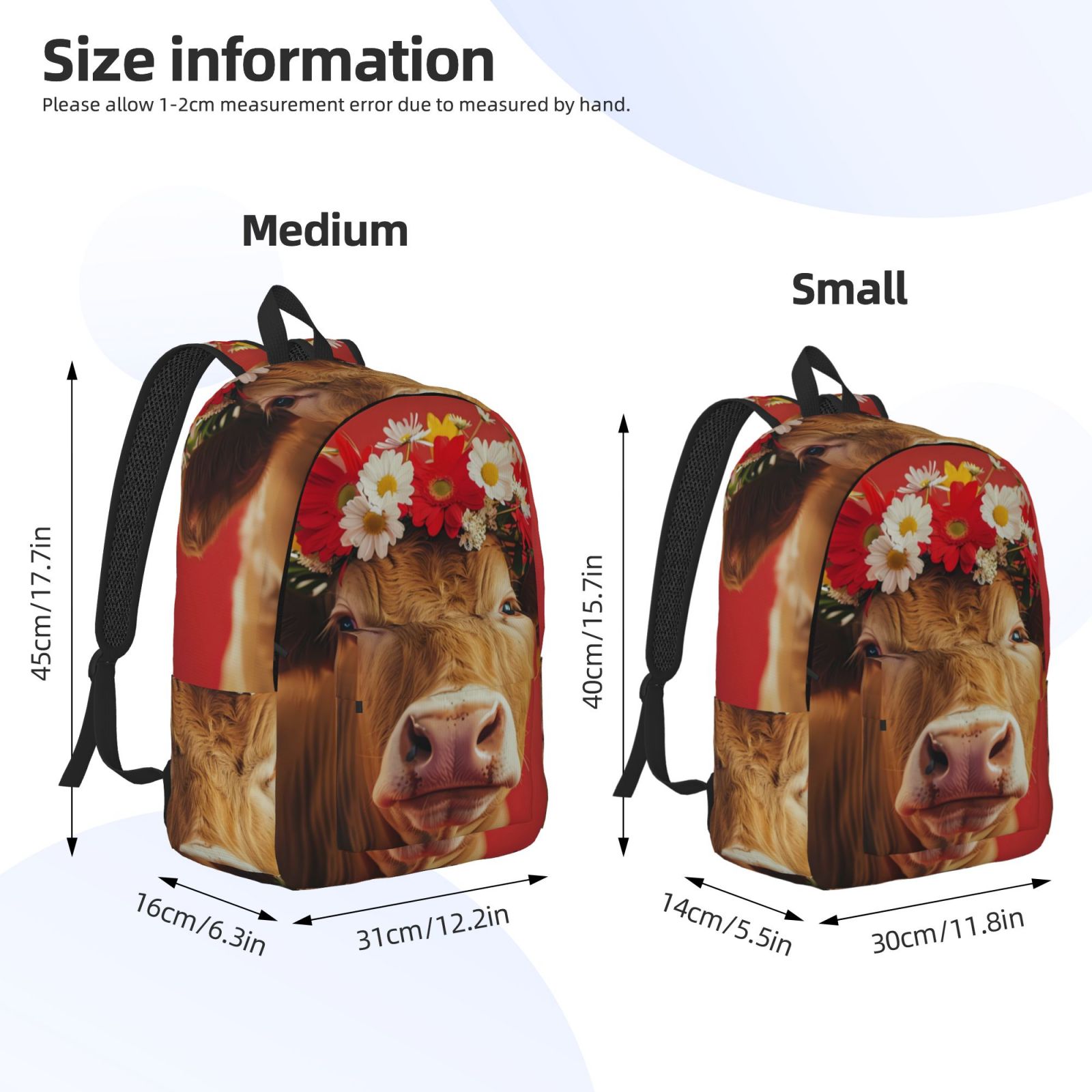 Picia White And Red Daisy Cow Printed Canvas Daypack - Stylish and Durable Vintage Compact Backpack - Class, Work, Travel, or Laptop Bookbag,Organized Compartments-Medium