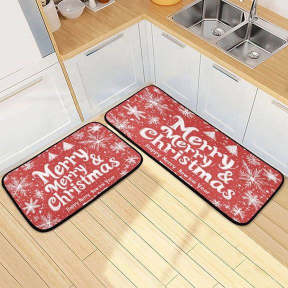 Kitchen Rugs and Mats【2 PCS】Non Skid Design Blessing and Snowflake Painting Creative Kitchen Mat