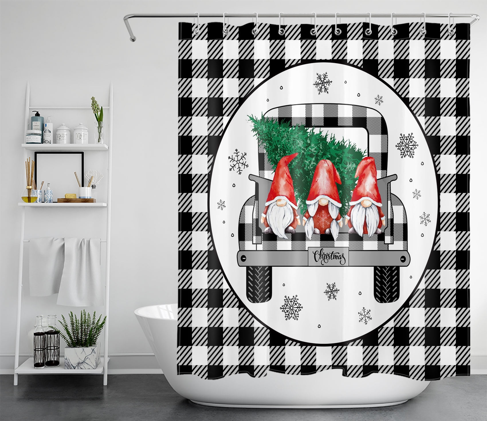 HVEST Christmas Shower Curtain,Gnome and Xmas Trees on Black Checkered Truck Bathroom Shower Curtain with Hooks,Winter Snowflak Polyester Waterproof Fabric Bath Decor Accessories,60x72 Inches