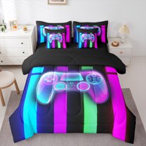Manfei Glitter Dreamy Gamepad Bedding Comforter Set 7pcs, Neon Stripes Geometric Queen Bedding Sets, Teen Boy Girl Kid Reversible Queen Sheet Sets, Ultra Soft Home Decor