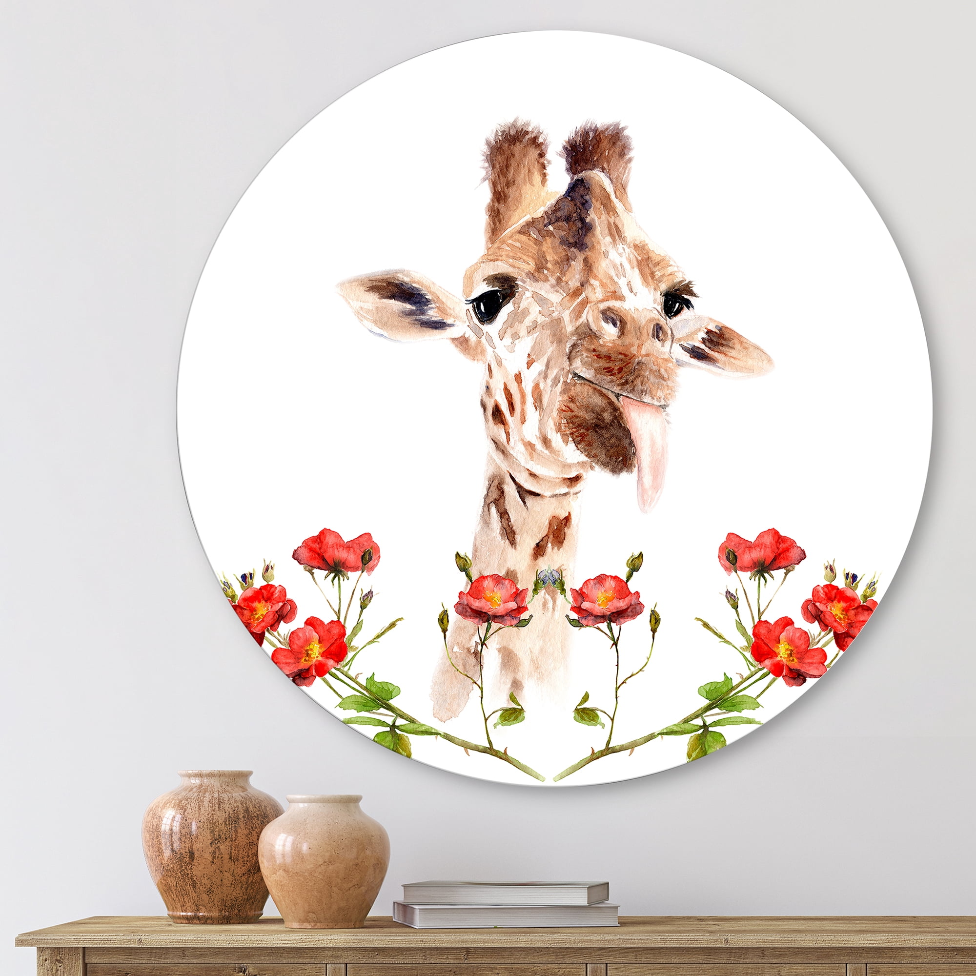 Designart 'Portrait of A Giraffe With Red Flowers I' Farmhouse Circle Metal Wall Art 23x23 - Disc of 23