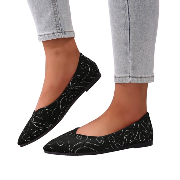 Rokment Glitter Dress Shoes for Women Ladies Bride Wedding Sparkly Velvet Pointed Toe Ballet Flat Dressy Walking Slip-On Loafers Business Work Black Size 6